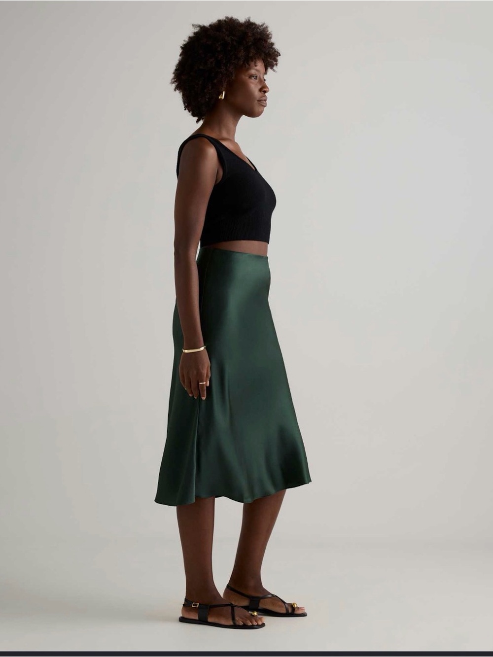 Satin A-Line Midi Skirt in Deep Green